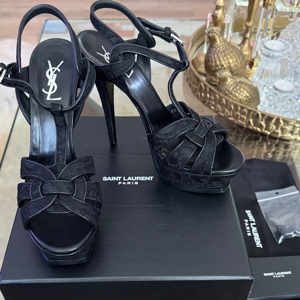 SAINT LAURENT Tribute Black Strappy Heels EUR 40 US 10 New
